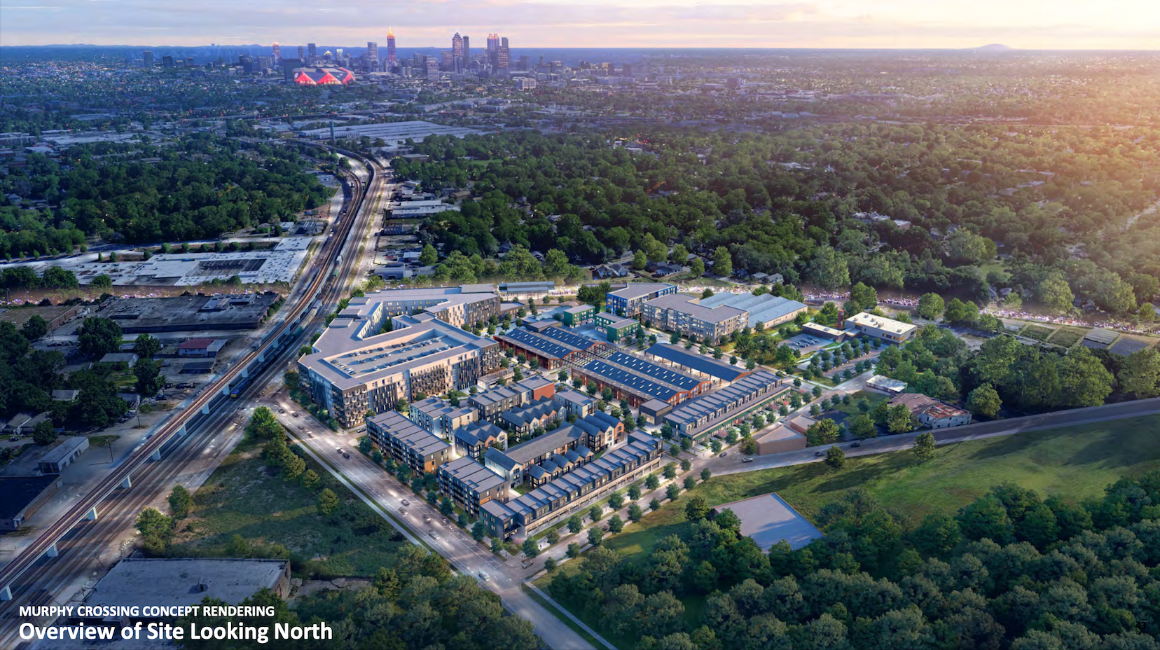 Overview of revised Murphy Crossing plans, with active MARTA rail at left and downtown in the distance.