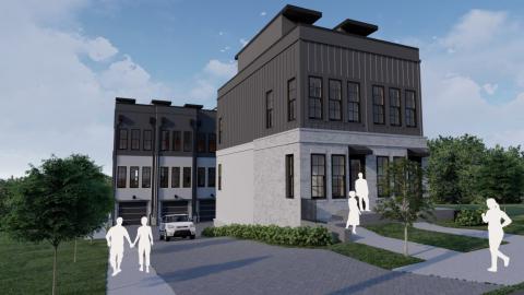 A rendering of stone and siding townhomes standing four stories in an Atlanta neighborhood. 