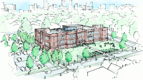 Renovation plans for a historic school in Atlanta made of brick surrounded by trees. 