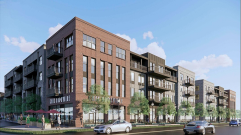 A rendering of a new Atlanta apartment building atop retail in front of a road. 