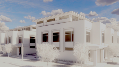 A row of two white townhomes with blue skies above in renderings. 