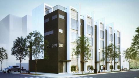 A rendering of six townhomes in white and brick under grayish blue skies in Atlanta. 