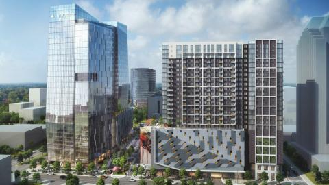 A rendering of three towers built of glass and brick under blue skies in Atlanta. 
