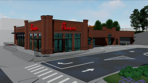 A brick chick-fil-A store planned for a busy street in Atlanta. 