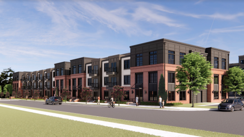 A rendering of an apartment complex of brick and steel under blue skies, in front of Atlanta Streets. 