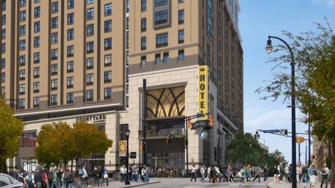 A rendering of a beige classic style hotel that's set to open in Atlanta. 