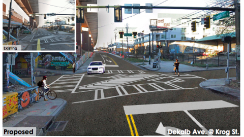 A rendering of a new city crosswalk area near a bridge. 