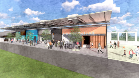 A rendering of a food hall under blue skies under construction in Atlanta. 