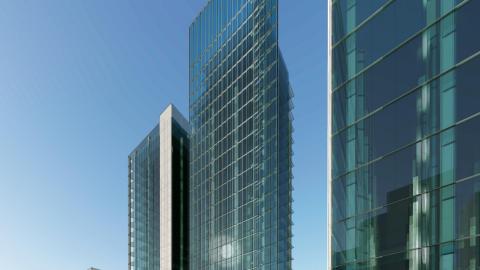 A rendering of three glassy towers on a city street with a blue sky above. 