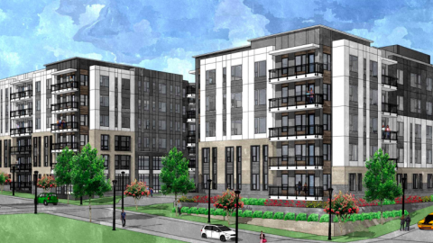 Renderings for a large gray and white apartment complex under blue skies in Atlanta. 