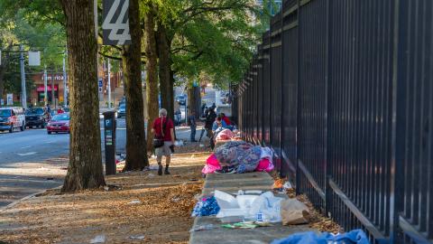 A sidewalk shown in downtown Atlanta with homeless encampments. 