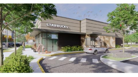 A rendering of a Starbucks location near two busy Atlanta streets. 