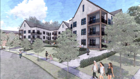 A new white and wood apartment complex proposed for Atlanta's Decatur neighborhood.