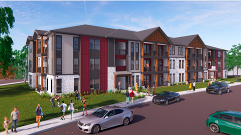 A row of gray, red, and white apartments under blue skies in a rendering.