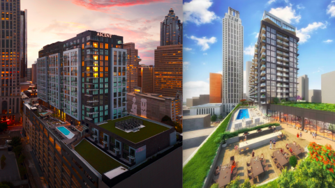A photo and a rendering of a large apartment tower in downtown Atlanta. 