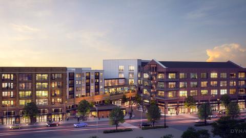 A rendering of a large mixed-use project under purple skies. 