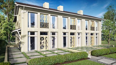 A beige and white townhome rendering under a blue sky. 