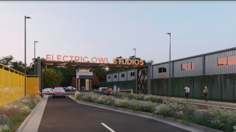 An entry to a movie studio in a rendering. 