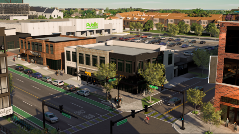 A rendering showing a new development in Atlanta with a Publix grocery store. 