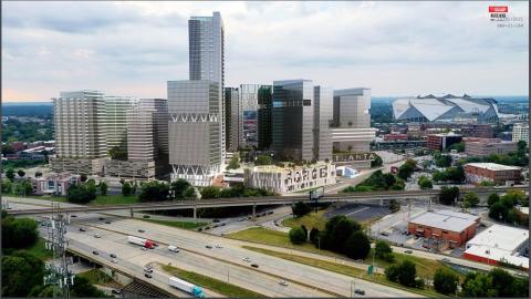 A rendering for a huge glassy development in downtown Atlanta under blue-gray skies.
