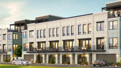 A rendering of white brick townhomes with three or four levels under blue skies.