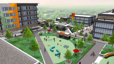 A rendering showing a shopping center redevelopment with a park and new gray and orange buildings.