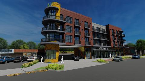 A rendering of a new four-story apartment complex planned in East Atlanta. 