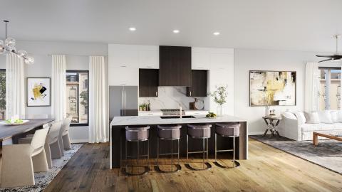 A rendering showing a kitchen in an Atlanta townhome with white wall and a range hood. 