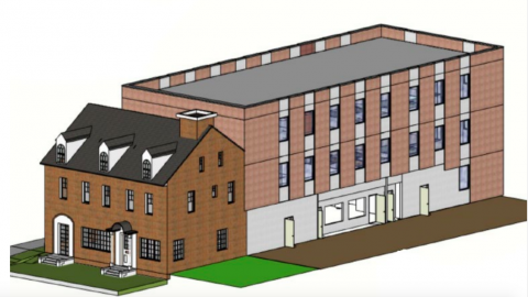A rendering of a large brick home with apartments attached. 