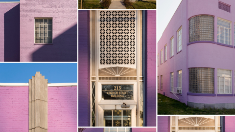 A collage of different images from a throwback 1930s purple building. 