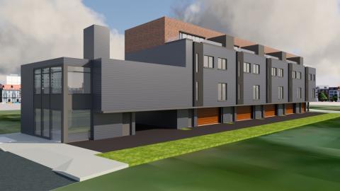 A rendering of a small mixed-use project of brick and siding with rooftop decks. 