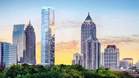 A rendering of a huge glassy high-rise in the middle of Atlanta. 