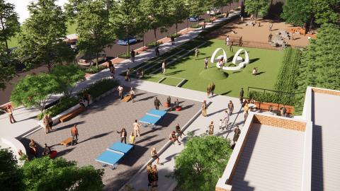 A rendering of a small park with greenspaces and ping pong tables with many trees in Atlanta. 