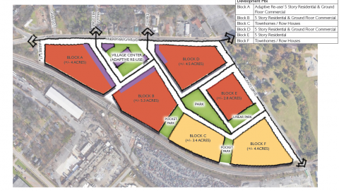 A rendering of a site in south Atlanta with many orange and yellow shapes on it. 