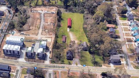 An aerial image of a huge site where townhomes will be built in Atlanta Georgia. 