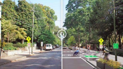 An image of an Atlanta street with trees and buildings beside it under blue skies, in the city. 