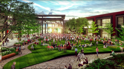 A rendering showing opens spaces with trees shops and lawns beneath a blue sky in the Atlanta suburbs. 