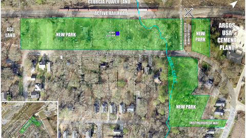 An overview image showing where a new Atlanta park has been bought near a river.
