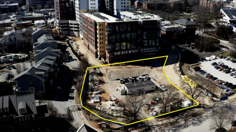 An overview of a block-size development planned along a street in Atlanta near the Georgia Tech college. 