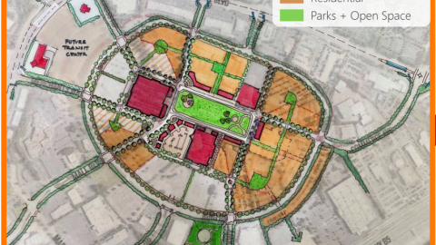 A rendering of a mall space redone with parks, retails and housing in suburban Atlanta. 