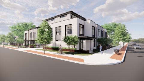 A rendering for a large modern home on a corner in Atlanta near a busy street, with white modern interiors. 