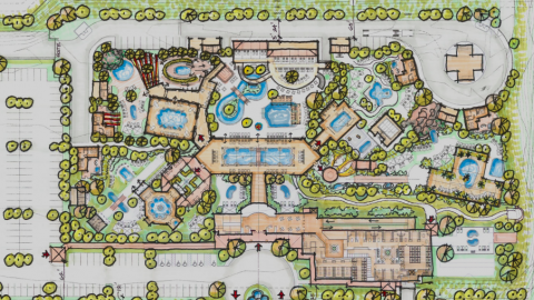 A rendering of a spa project with many pools and lagoons near Atlanta.