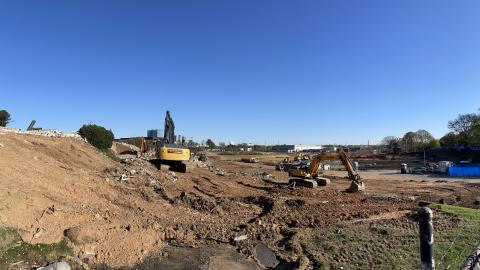 A photo of a large construction site west of Midtown Atlanta where a data center and mixed uses are planned. 
