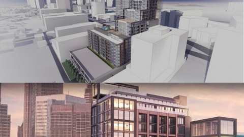 A rendering of two buildings under construction with block buildings around them in Midtown Atlanta. 