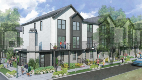 a rendering of a corner of Atlanta with white and black townhomes under a blue sky. 