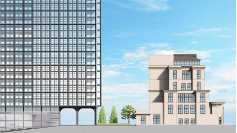 A rendering showing a large apartment tower behind a smaller fancy building with much parking and a few trees.