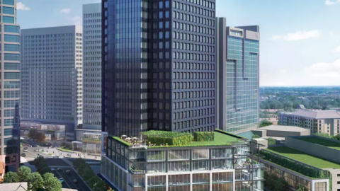 A rendering of a glassy new tower in Midtown Atlanta with white buildings beyond and blue skies above.
