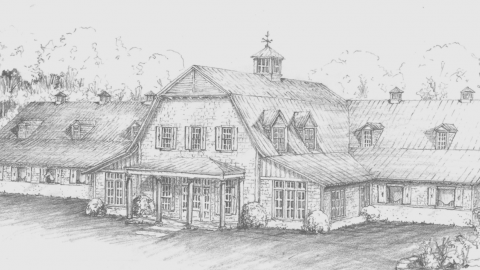 A rendering in black and white of an urban horse barn used for therapy in Atlanta.