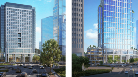 A rendering of a building show with tall previous designs in 2020 and today, under blue skies. 