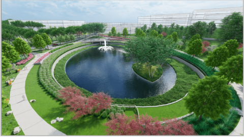 A rendering of a huge housing development with tree and an oval water feature in Atlanta. 